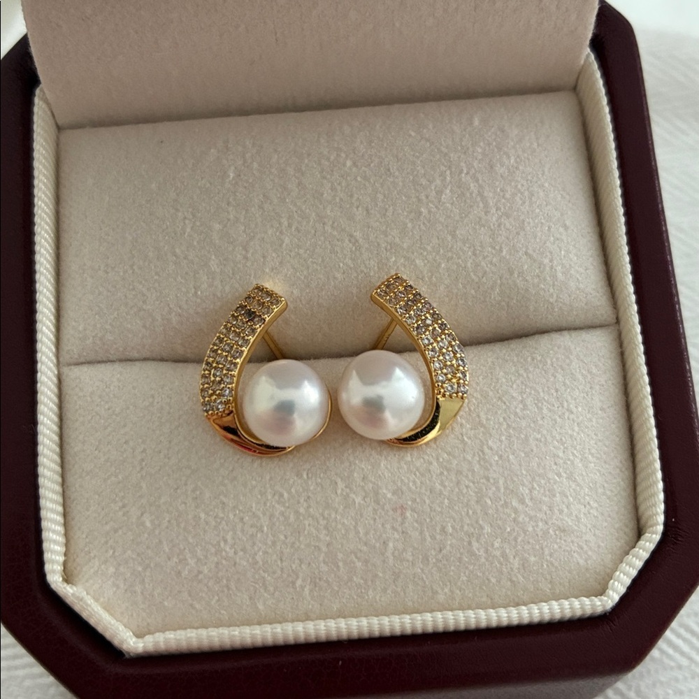 Gold Arc Pearl Earrings | 925 Sterling Silver Studs | Classic Gift for her